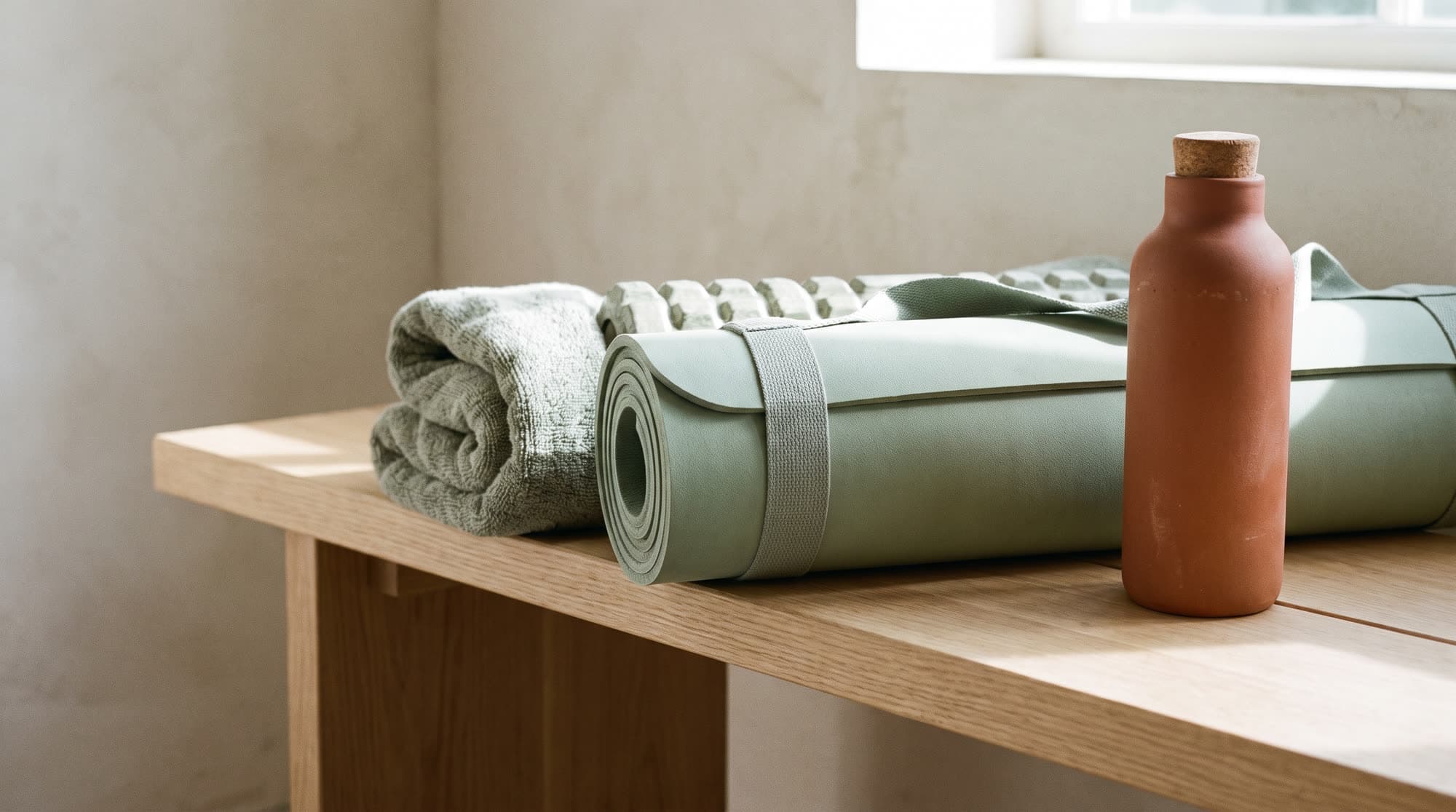 A rolled mat, foam roller and towel on a bench