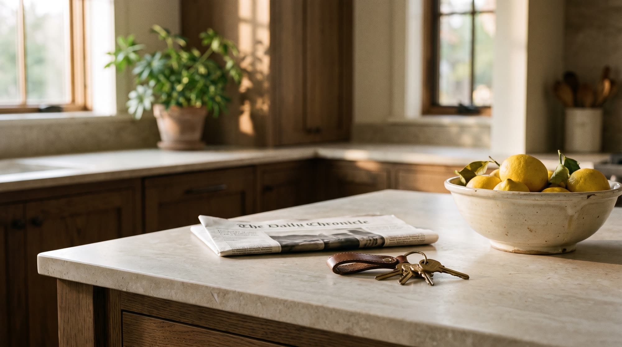 House keys on a leather fob resting on a stone kitchen island
