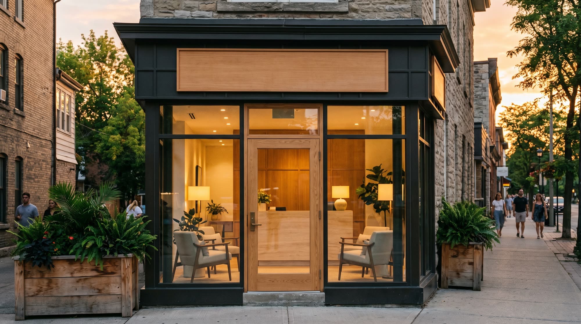 The Maple & Vine Realty office at dusk