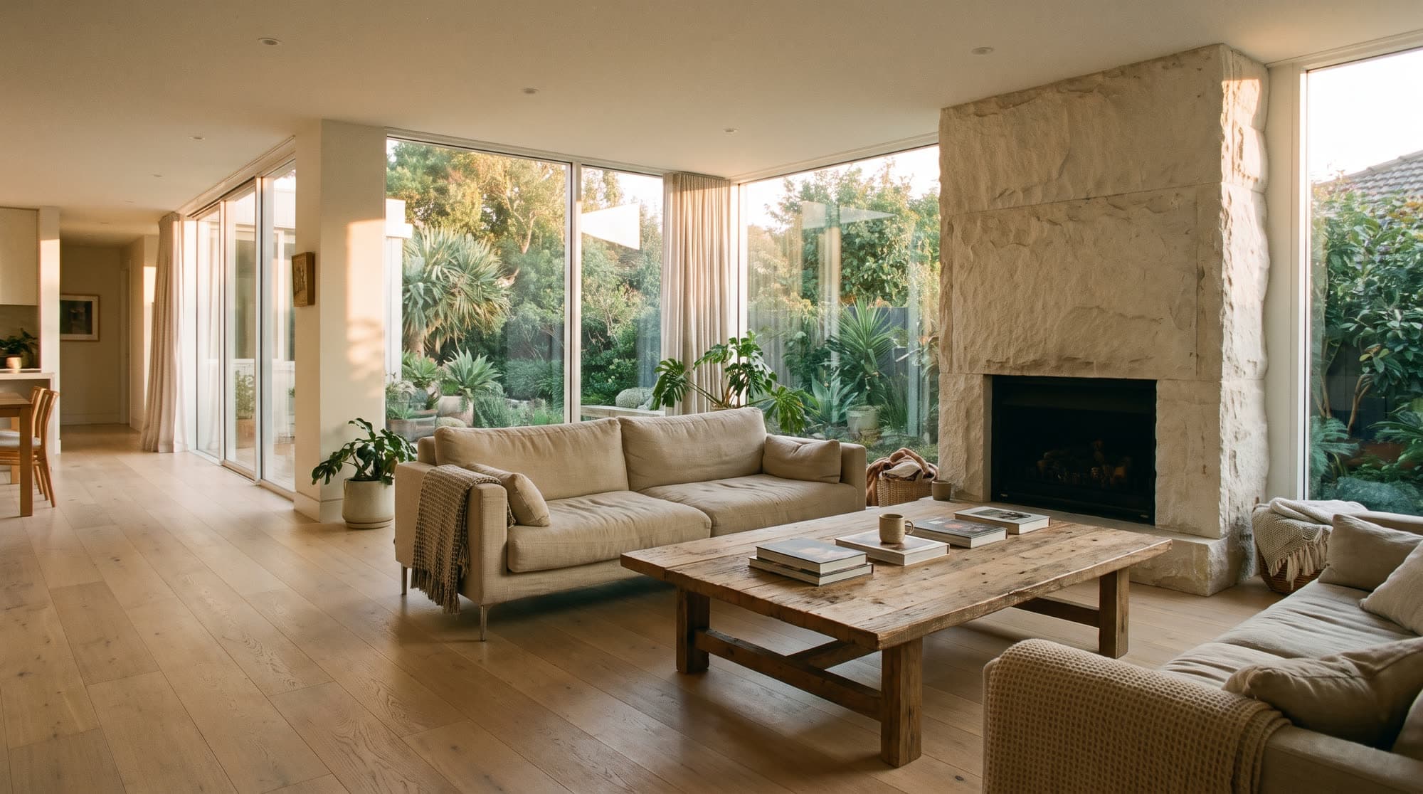 An open-plan living room with a stone fireplace and garden beyond