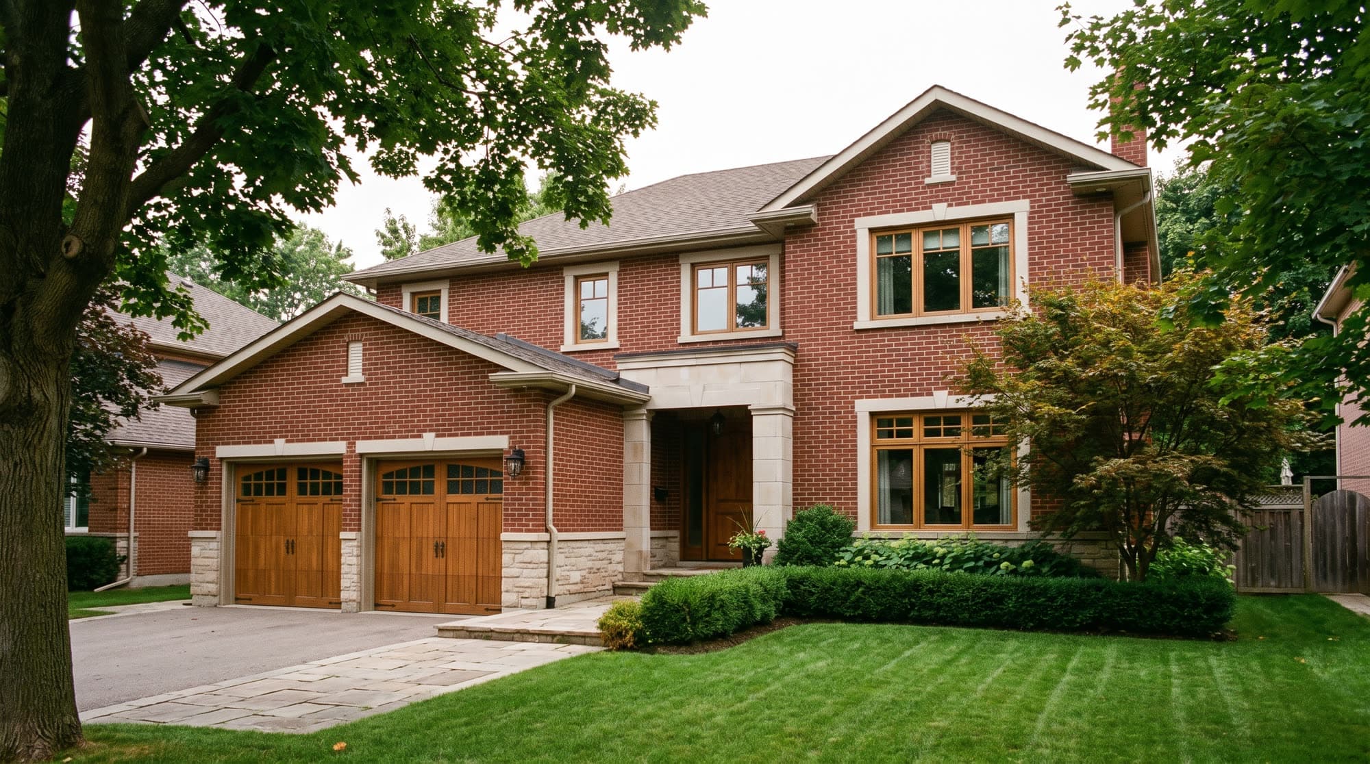A detached two-storey red-brick family home with a double garage