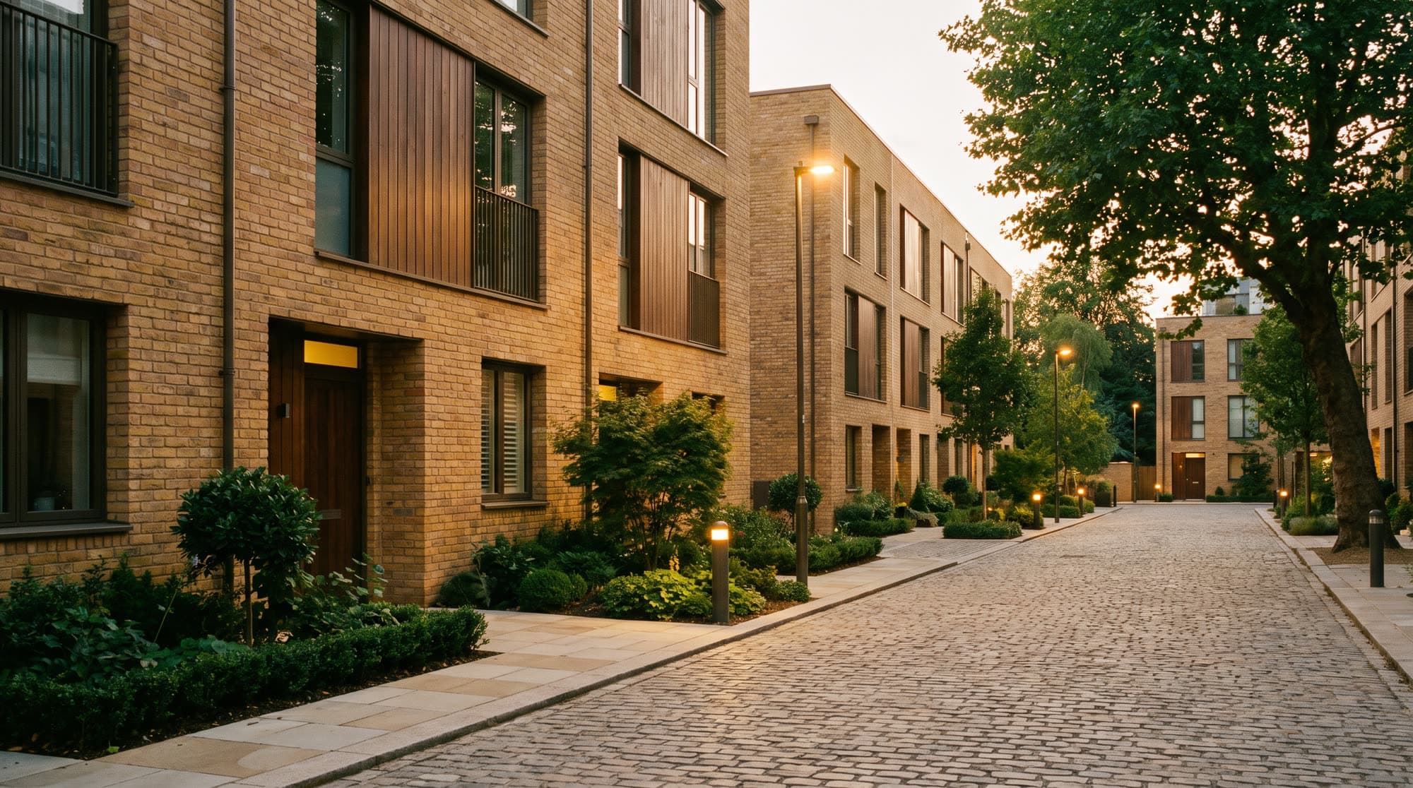 A row of modern brick townhouses on a cobbled mews at dusk