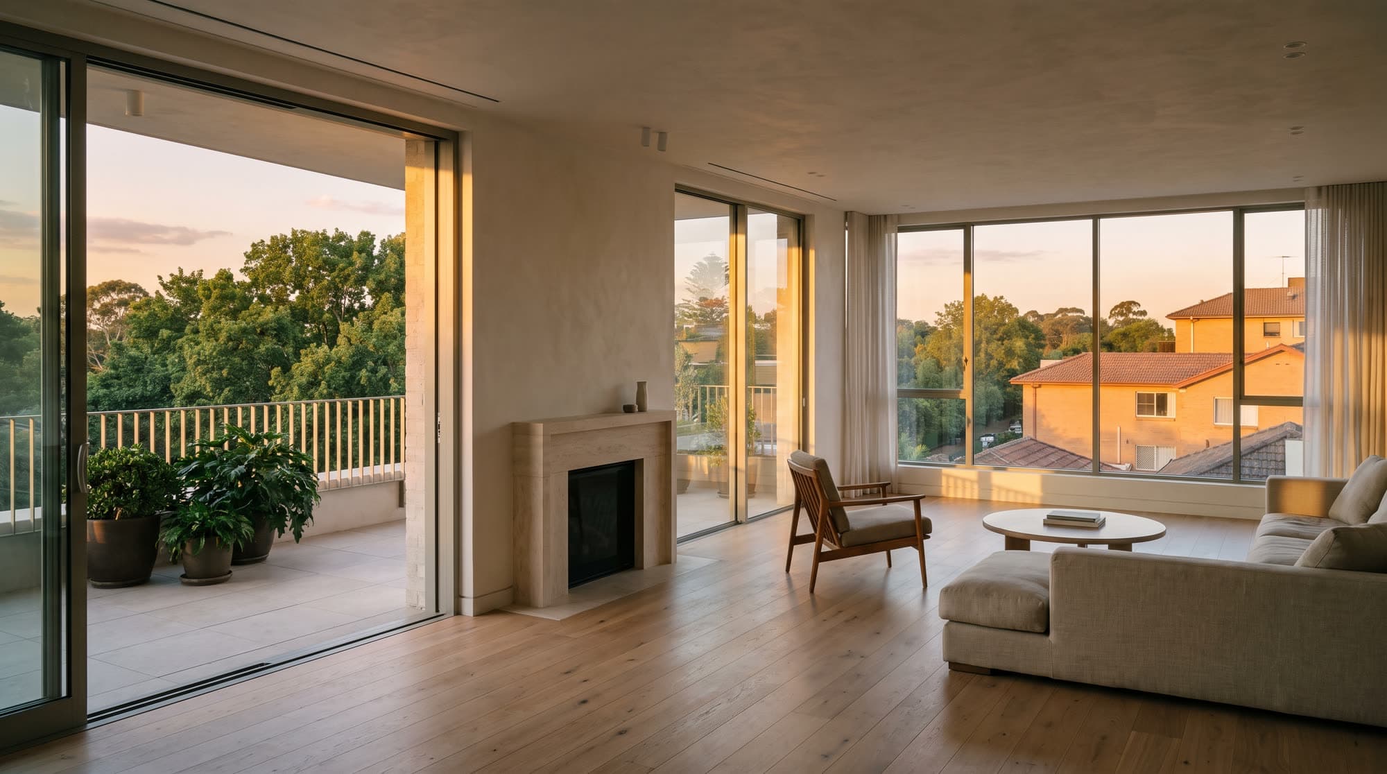 A bright condominium living room opening onto a balcony at sunset