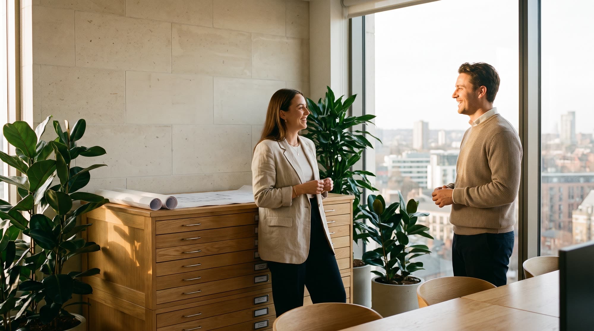 Two agents from Maple & Vine Realty talking in the office