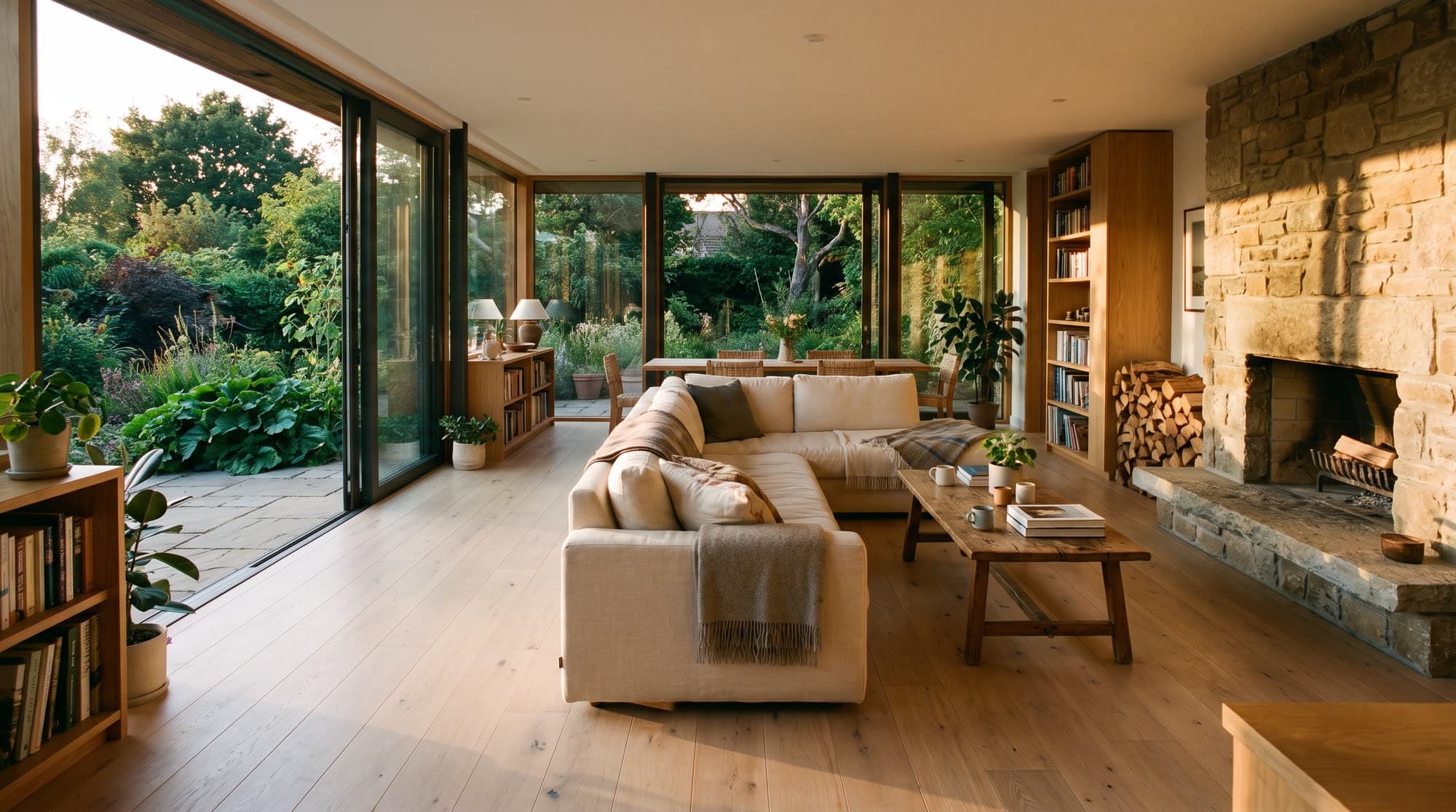 A living room with oak bookshelves opening onto a cottage garden