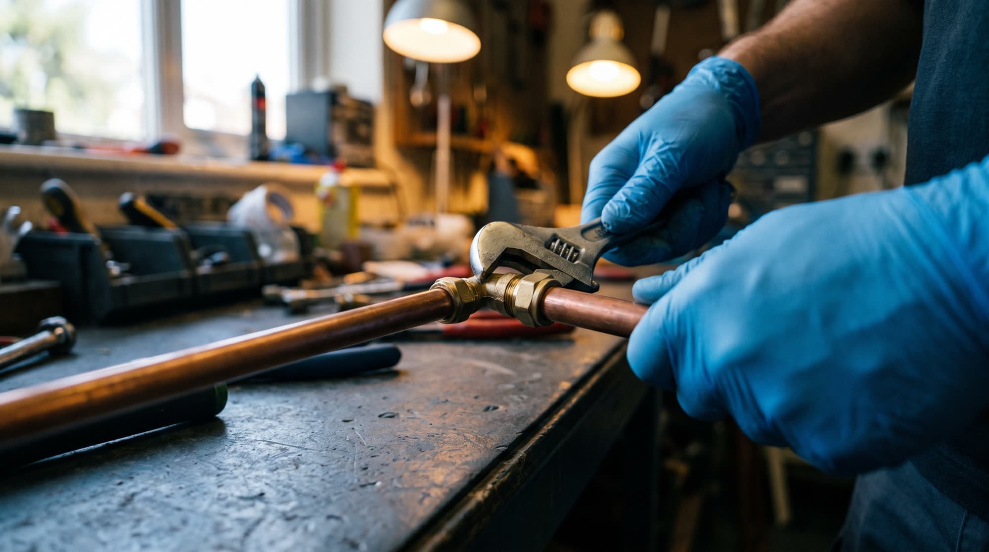 Gloved hands tightening a brass compression fitting onto copper pipe at a bench