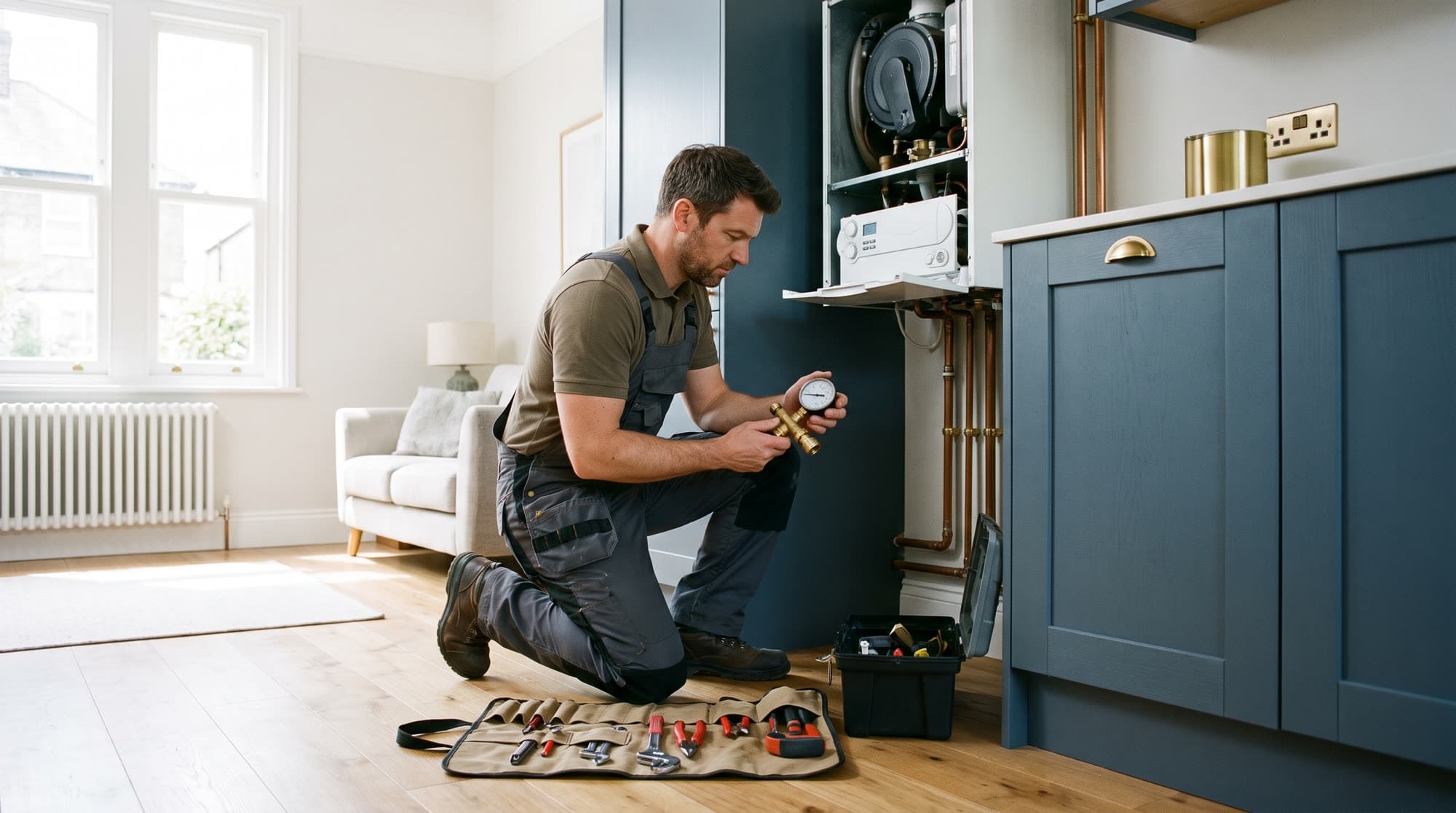 A Halcyon engineer checking pressure on a wall-mounted combi boiler in a kitchen