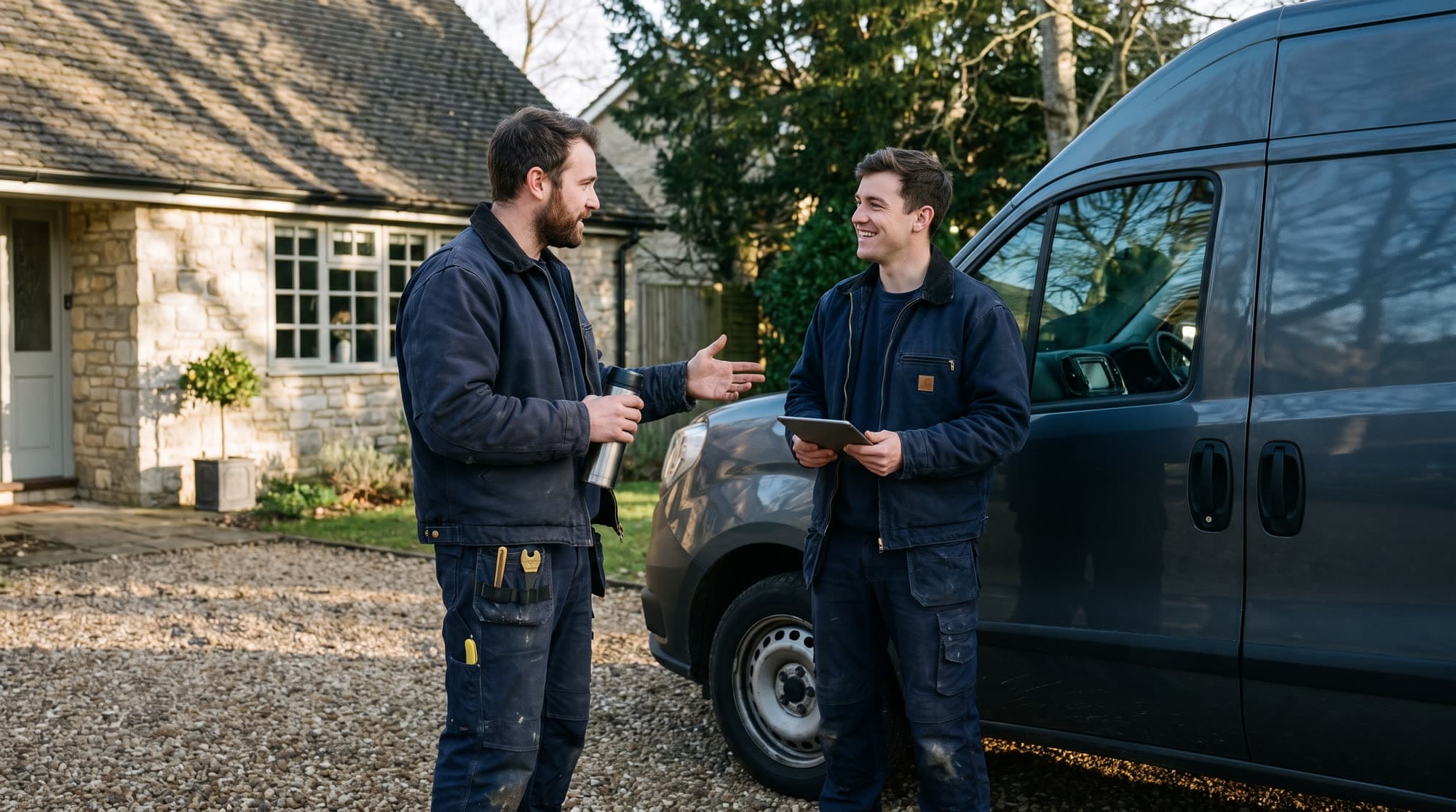 Two Halcyon engineers talking beside the van on a customer's driveway