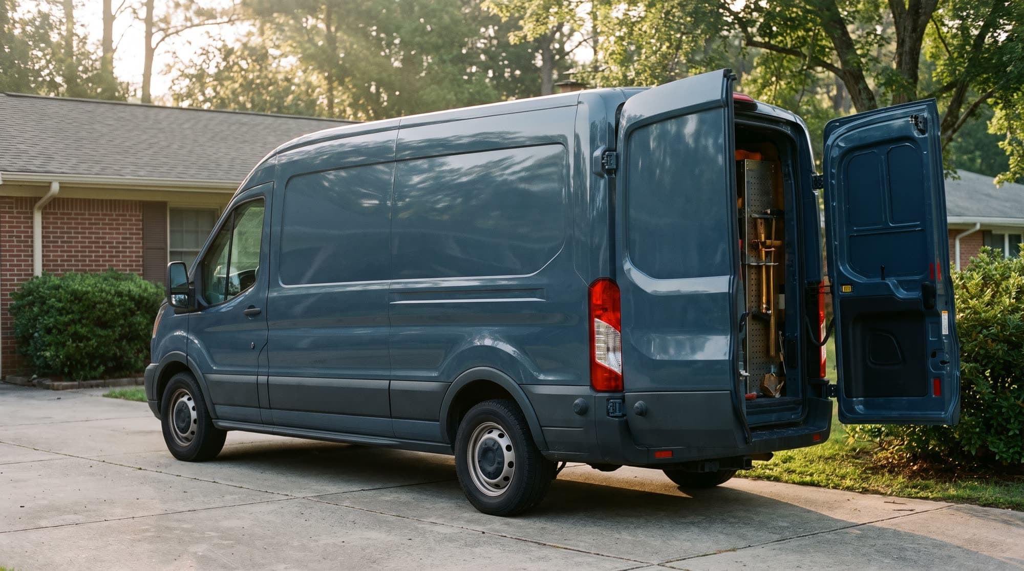 A Halcyon van on a customer's driveway with the rear doors open, showing racked copper and tools