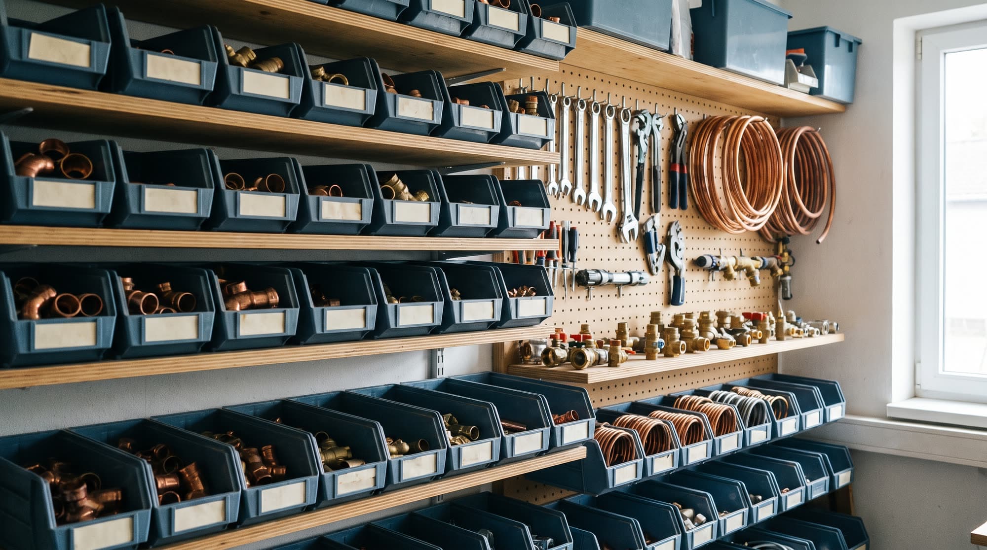 The Halcyon stores wall: labelled bins of copper fittings, brass valves and coiled pipe