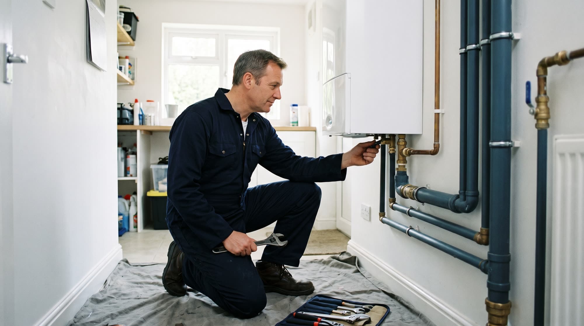 An engineer kneeling at a wall-mounted boiler in a utility room, tools laid out on a dust sheet