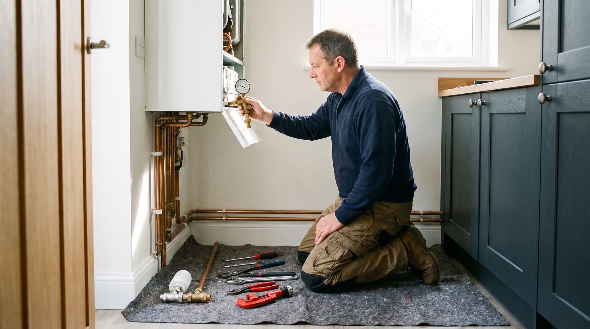An engineer checking the pressure gauge inside an open boiler casing in a kitchen